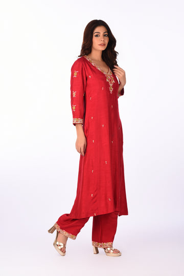 Kurti With Pants Set Red Embroidered Raw Silk Kurta Set