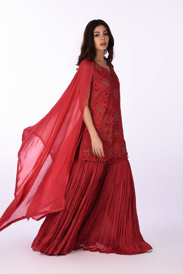 Kurti With Sharara Pants Red Luxe Silk Kurta Set