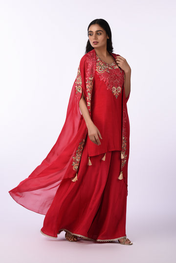 Kurta Jacket With Bottom Crimson Red Embroidered Kurta Palazzo Set with Jacket