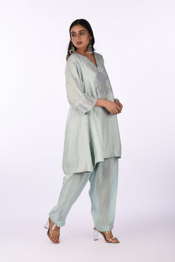 Kurti With Pants Sage Green Silk CO-ORD Set
