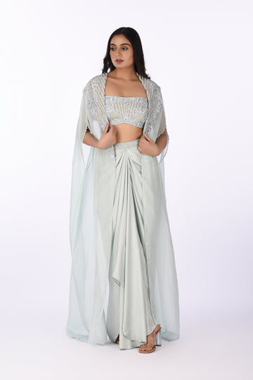 Blouse Jacket With Drepe Skirt Grey Embroidered Blouse with Skirt & Cape