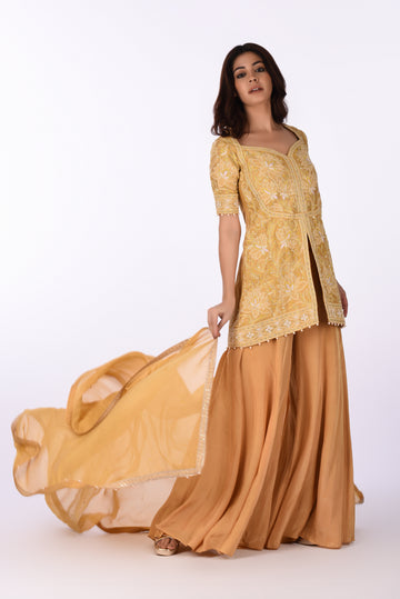 Kurti With Skirt Elegant Mustard Yellow Peplum Kurta Set