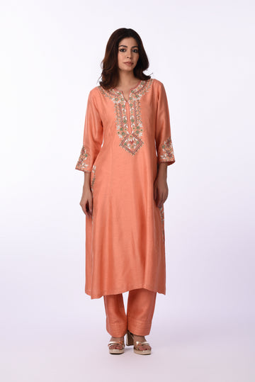 Kurti With Pants Set And Dupatta Peach Raw Silk Kurta Set
