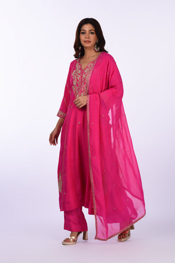 Kurti With Pants Set And Dupatta Rani Pink Silk Embroidered  Kurta Set