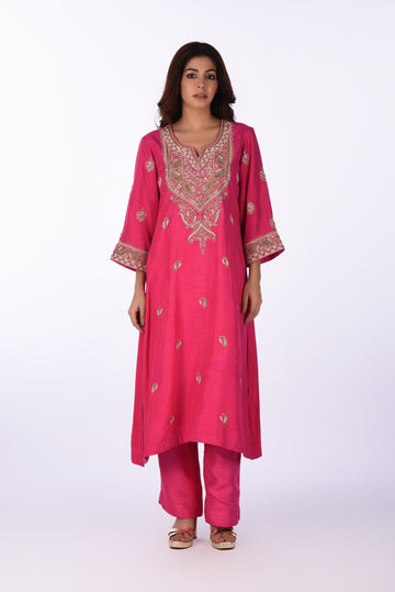 Kurti With Pants Set And Dupatta Pink Silk Embroidered Kurta Set