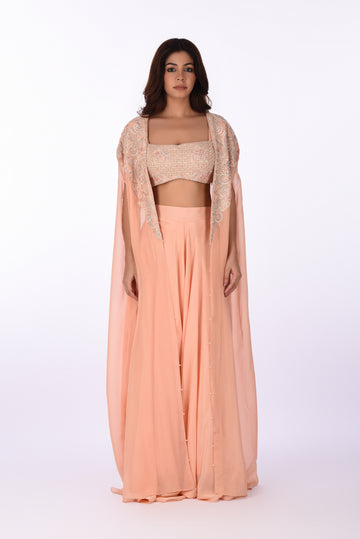 Blouse Jacket With Bottom Peach Embroidered  Blouse Set with Cape