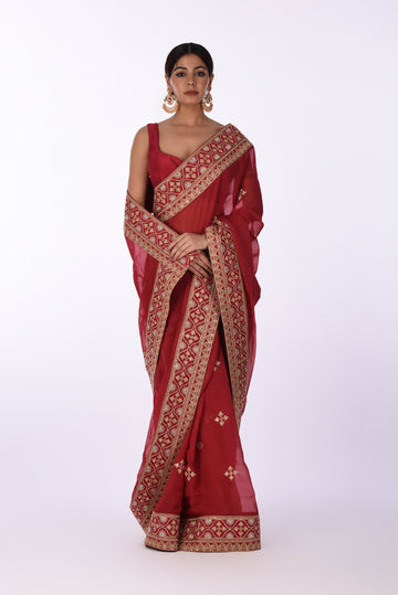 Saree With Blouse Elegant Red Organza Embroidered Saree