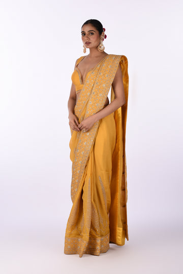 Saree With Blouse Yellow Organza Embroidered Saree