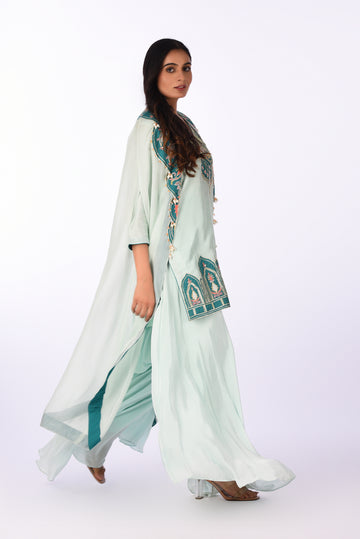 Kurti With Palazzo Pants And Dupatta Aqua Blue Kurta Set with Bold Teal & Peach Embroidery Work