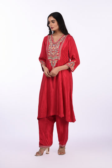 Kurti With Pants Elegant Red Embroidered  Kurta Set