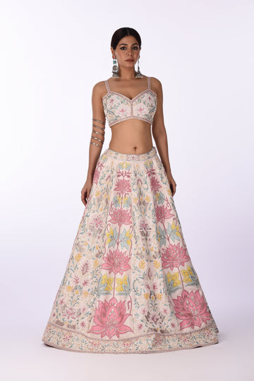 Lehenga Set Silk Ivory Multi Thread Embroidered Lehenga Set