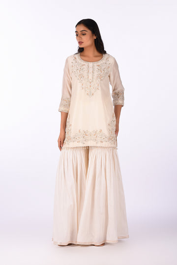 Embroidered Kurti Sharara Set Ivory Crushed Cotton Silk Kurta Sharara Set