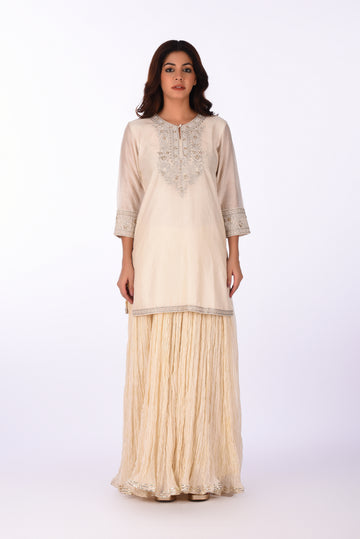 Kurti With Skirt Ivory Straight Kurta Set With Crushed Skirt