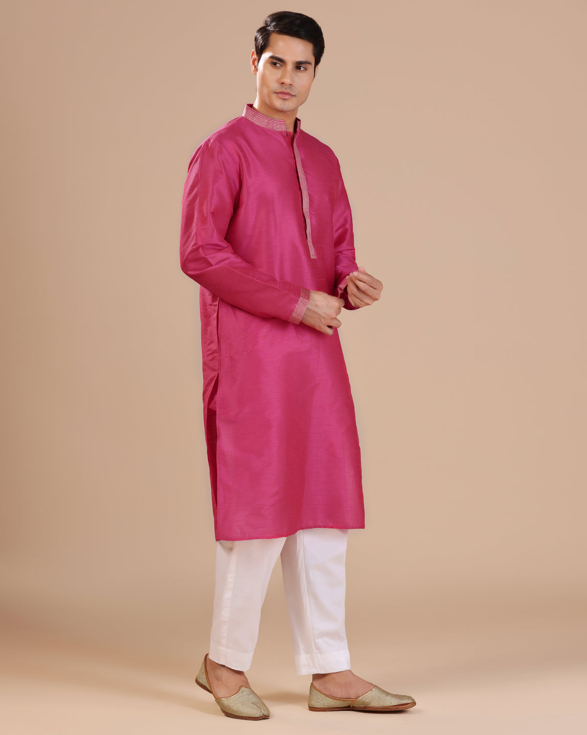 Men's Premium Rani Pink Dupion Silk Kurta Set With Subtle Embellished Placket