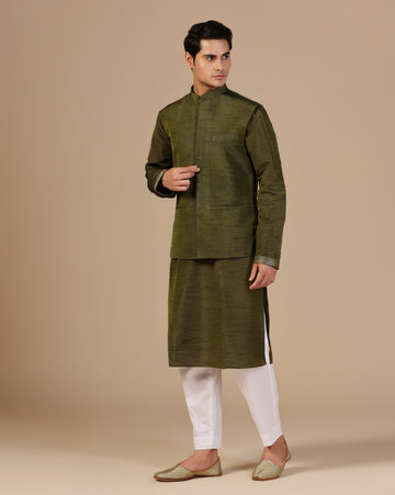 Men's Dupion Silk Olive Green Kurta Set With Nehru Jacket