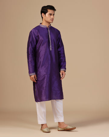 Men's Dupion Silk Royal Purple Kurta Set With Contrast Detailing