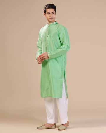 Men's Premium Dupion Silk Green Kurta Set with Subtle Embellished Placket