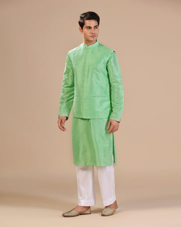 Men's Dupion Silk Green Kurta Set with Nehru Jacket