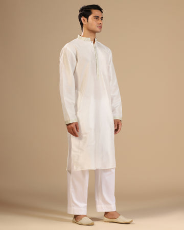 Men's White Dupion Silk Kurta Set with Subtle Embellished Placket