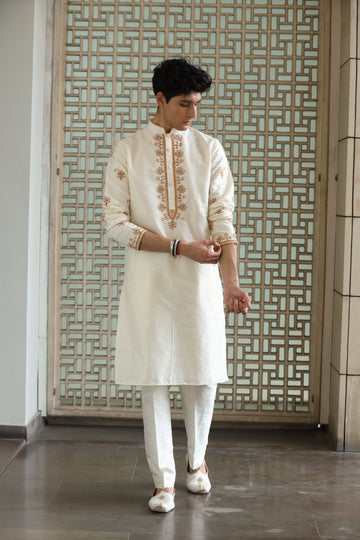 Classic Ivory Dupion Silk Embroidered Men's Kurta Set