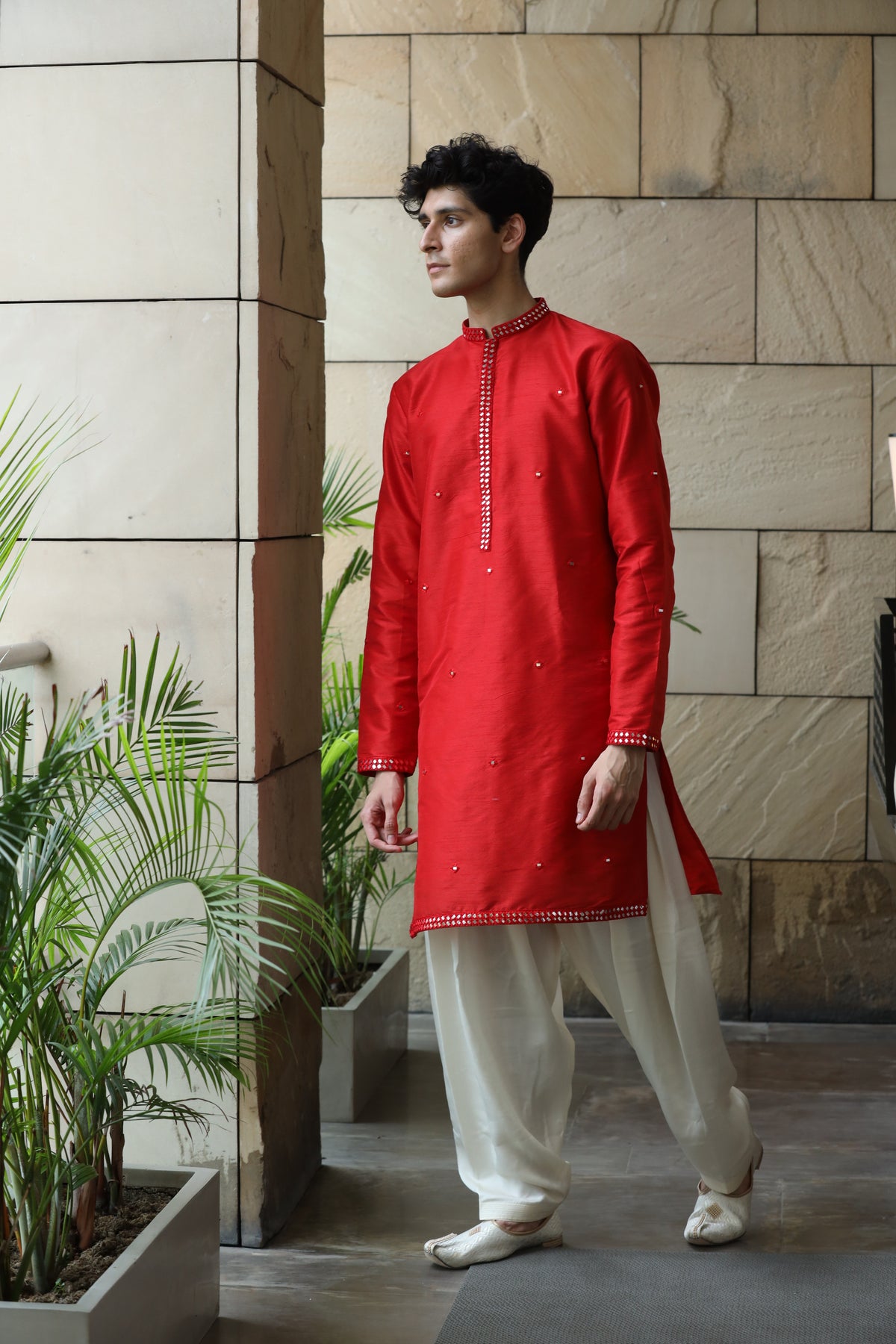 Royal Red Dupion Silk Mirror Kurta Set