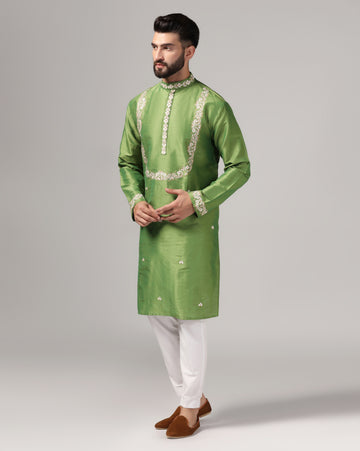 Festive Green Dupion Silk Embroidered Kurta Set