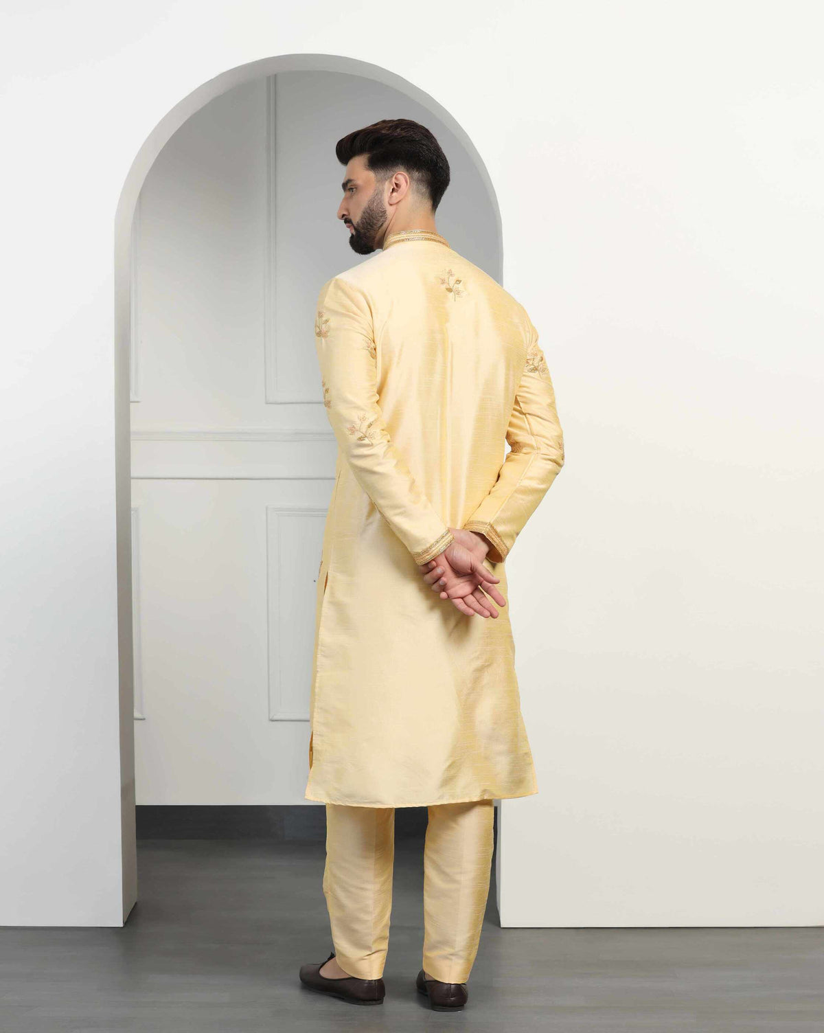 Classic Gold Dupion Silk Embroidered Kurta Set