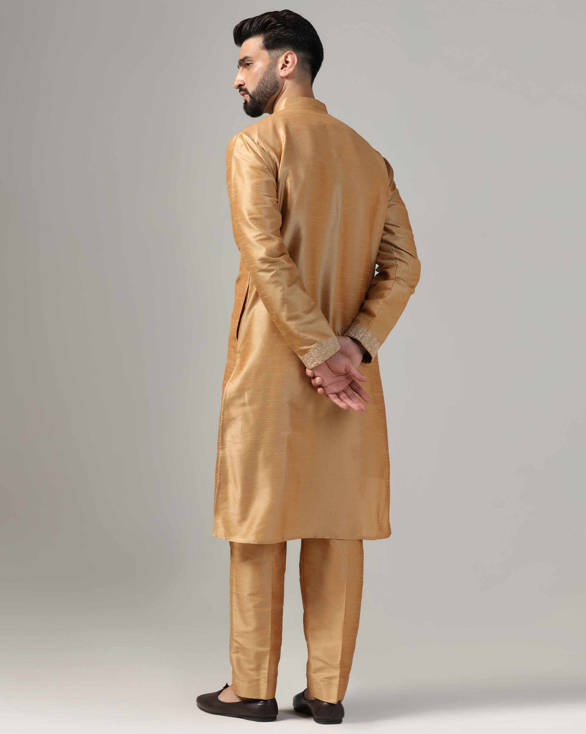 Gold Dupion Silk Embroidered Men's Kurta Set