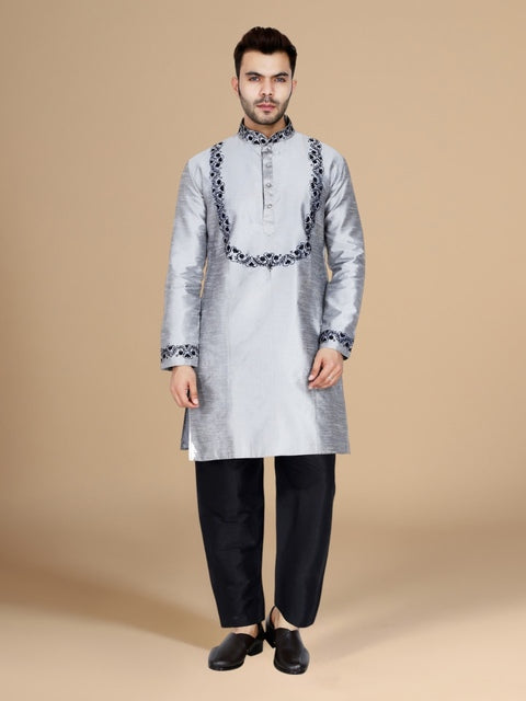 Silver Dupion Silk Embroidered Men's Kurta Set