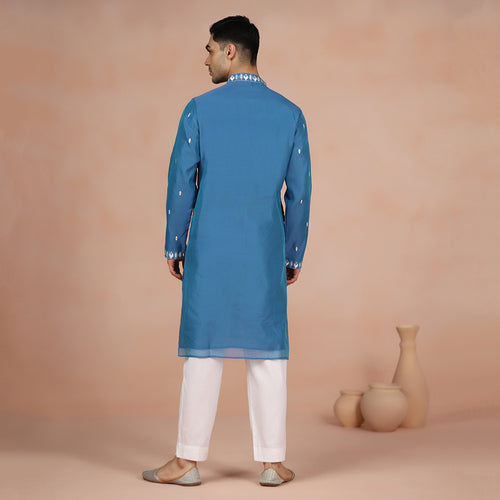 Blue Chanderi Embroidered Men's Kurta Set