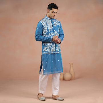 Blue Chanderi Men's Kurta Set With Embroidered Nehru Jacket