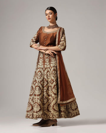 Brown gold aari embroided anarkali