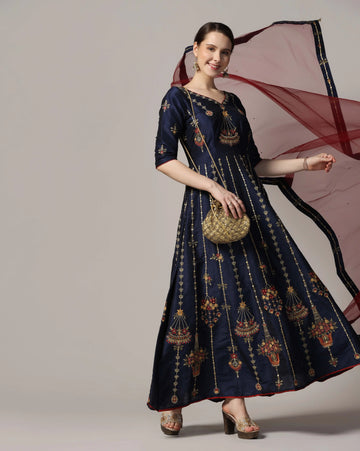 Blue thread embroided anarkali