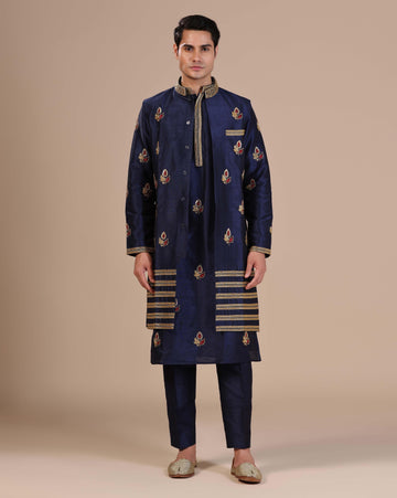 Blue monotone kurta set with long jacket