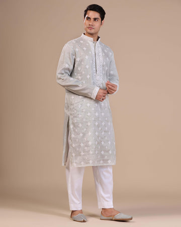 Silver mens chikankari kurta with mukesh embellishements