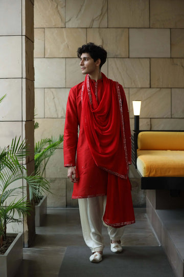 Classic Red kurta Salwar Set With Decorative Mirror Stole