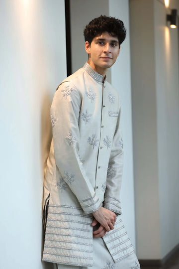 Elegant moon grey kurta set with silver accented jacket & pants