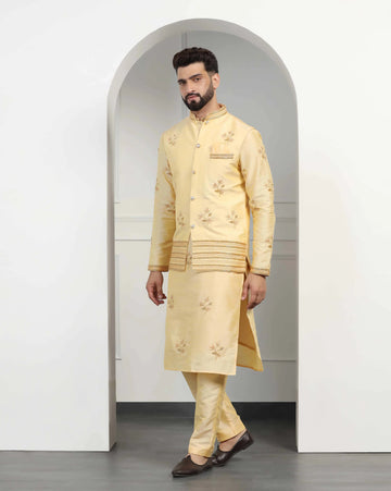 Monotone yellow mens kurta set with hand- embroidered bundi