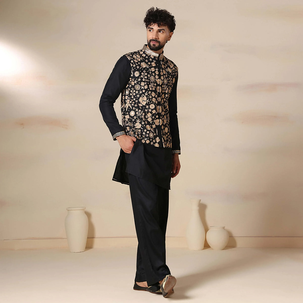 Classic Men's Bundi Jacket With Aari Work & Kurta Pants Set