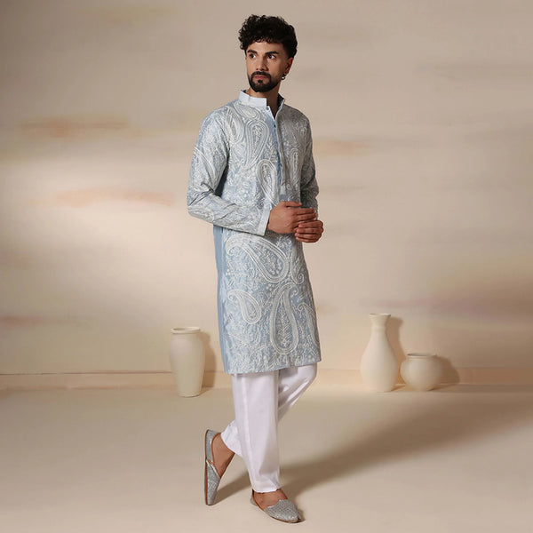 Men's Powder Blue Kurta Set With Delicate Threads Aari Work