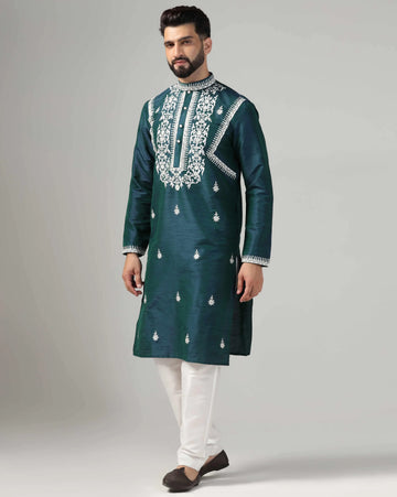 Deep green mens embroidered kurta