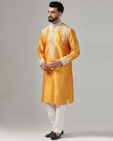 Vibrant yellow embroidered mens kurta
