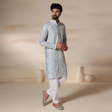Powder blue mens kurta delicate thread aari work