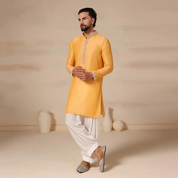 Orange pearl work kurta for men
