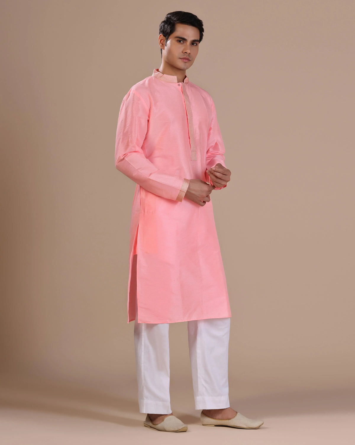 Elegant Pink Silk Kurta Set With Aari Zari Embroidery