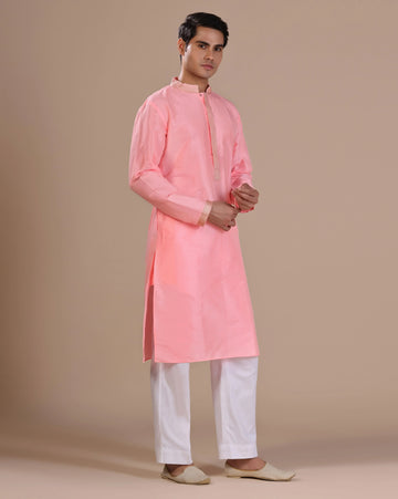 Elegant pink silk kurta set with aari zari embroidery