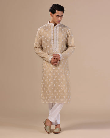 Golden mens chikankari kurta with mukesh embellishements