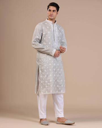 Silver mens chikankari kurta with mukesh embellishements