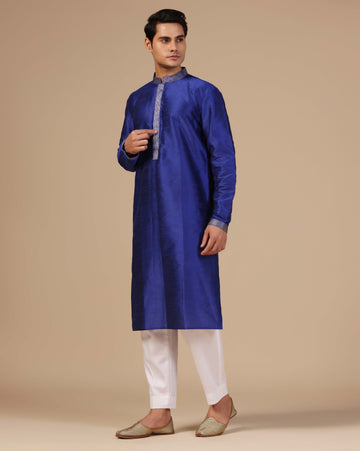 Blue silk kurta set with aari zari embroidery