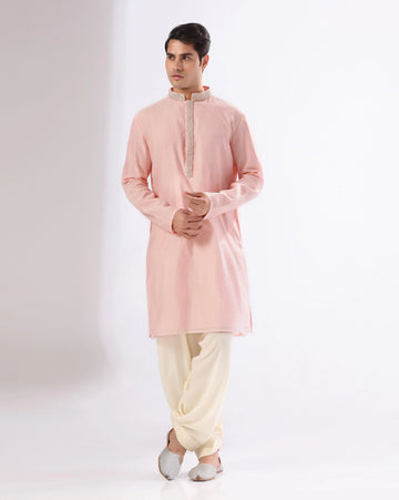 Pink pearl work kurta set for men